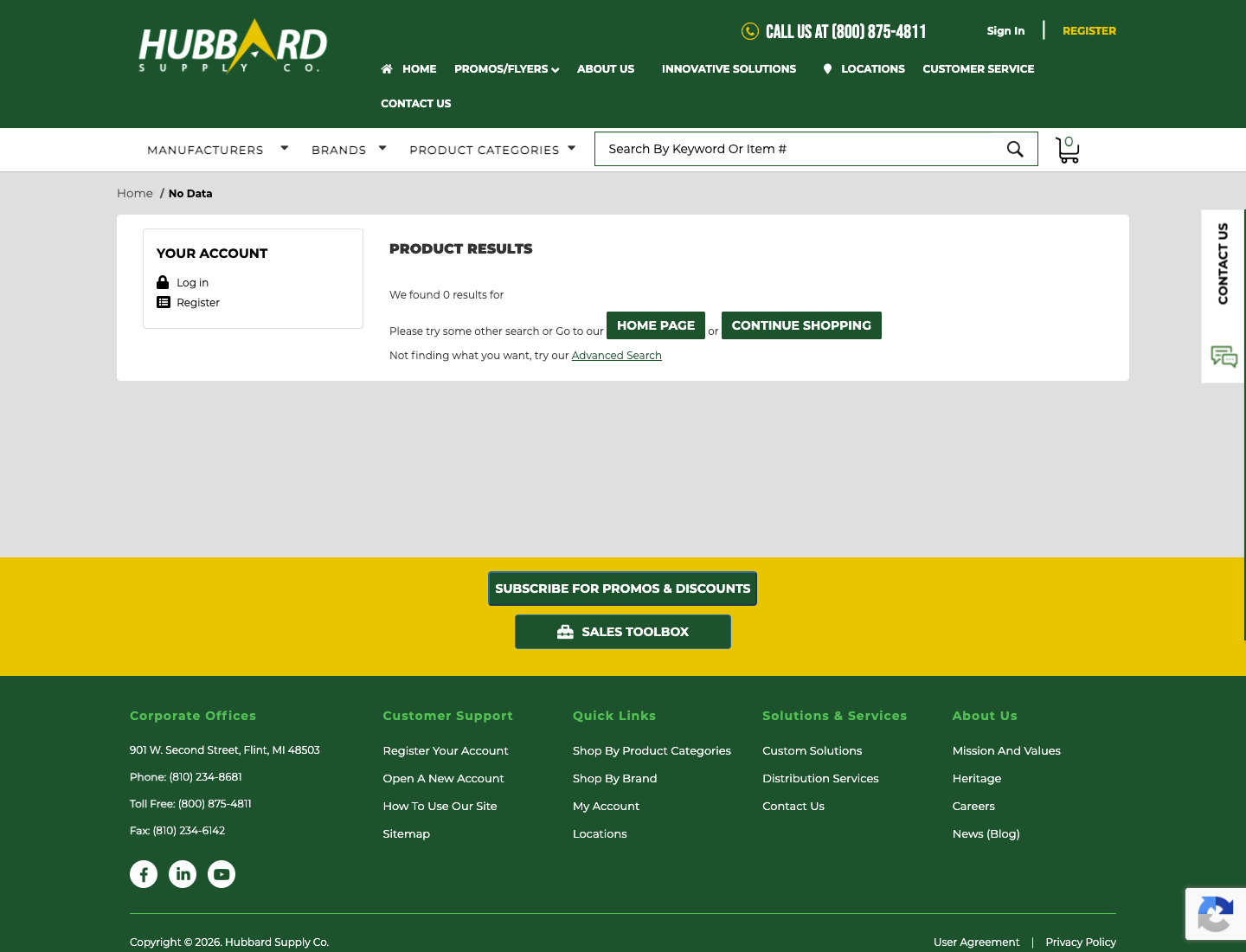 Hubbard facility safety category page showing no product results.